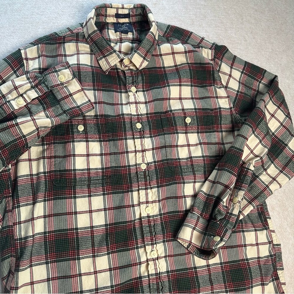 J.Crew Men's XL Flannel Shirt Vintage Plaid Green White Red 100% Cotton